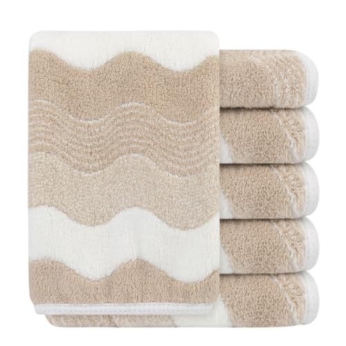 SINLAND Absorbent Coral Velvet Washcloth Ultra Soft Microfiber Face Towels 12 x 12 inch Multi-Purpose Face Cloths for Household and Sport - color: Cream Wave Pattern, size: 1 Count (Pack of 6)