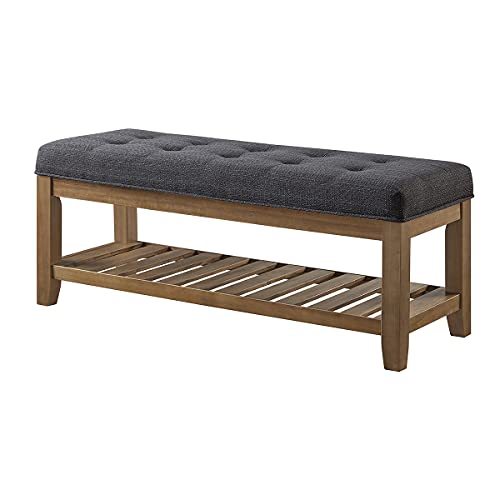 24KF Large Rectangular Upholstered Tufted Linen Fabric Ottoman Bench, Padded Bench with Solid Wood Shelf-Charcoal - color: Charcoal-bench, size: 16"D x 44"W x 18"H