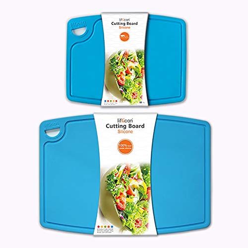 Liflicon Thick Cutting Boards for Kitchen Silicone Chopping Board Set of 2 Mid 12.6'' x 9.1”,Mini 9.1”x7.1” Non-slip Deep Drip Juice Groove Easy Grip Handle,Dishwasher Safe-Blue - color: Blue, size: S+M