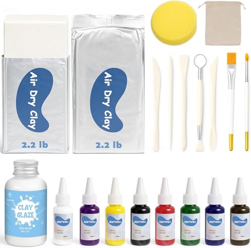 EIGTWEN 20pcs Air Dry Clay for Adults Kit, Full Tools, Ideal for Beginners | 4.4oz Air Dry Clay, 50ml Gloss Glaze, 8 Colors of Paint, Sculpting Tools, Paintbrushes, Brushes, Sponges,Complete Tools