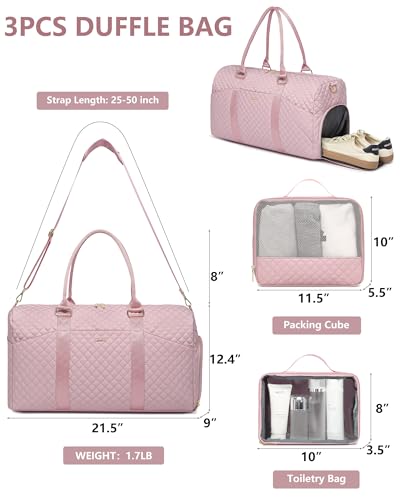Women Weekender Travel Duffle Bag: Travel Duffel Overnight Bags with Shoe Compartment Large Carry on Tote with Toiletry Bag Weekend Traveling Yoga Gym Hospital Bag for Women with Wet Pocket 3 PCS Set - color: 20-Pink - 3 PCS, size: Large