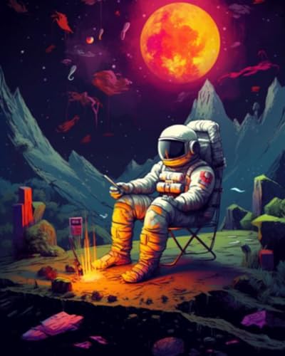 Planet Astronaut Paint by Bumbers for Adults Graffiti Island Outer Space DIY Paint by Numbers Acrylic Paint Canvas Kitchen Decor Planet Pop Art Painting Kits Pop Decor 16x20 Inch （without Frame ） - color: Astronaut 04, size: 16''x20''(DIY Frame)