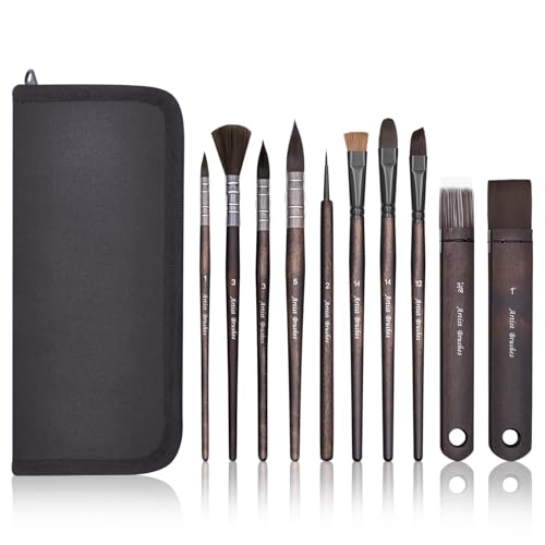 10 Pieces Paint Brush Set, Artist Series, Nylon Bristles with Round, Flat, Fan, Angle, Detail Brush, Suitable for Artists and Beginners for Acrylic Painting, Oil, Watercolor, Gouache(Black) - color: Black