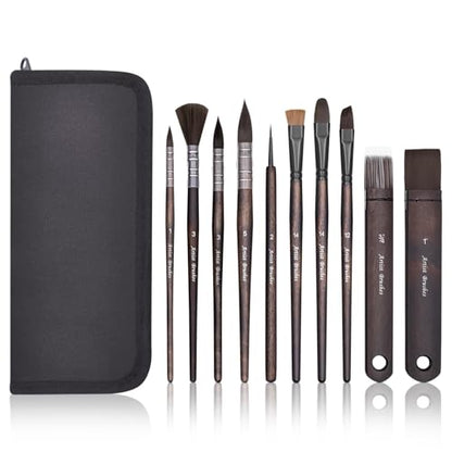 10 Pieces Paint Brush Set, Artist Series, Nylon Bristles with Round, Flat, Fan, Angle, Detail Brush, Suitable for Artists and Beginners for Acrylic Painting, Oil, Watercolor, Gouache(Black) - color: Black