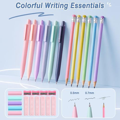 MoKo Pencil Case with Supplies, 59Pcs Aesthetic School Set, Blue | Includes gel pens, wooden and mechanical pencils, 0.5 and 0.7 mm refills, highlighters, erasers and sharpeners. - color: Blue-59P
