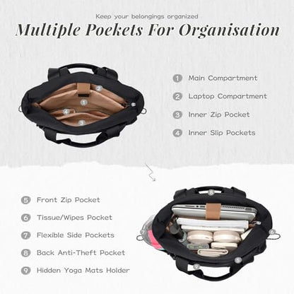GOLF SUPAGS 3-in-1 Laptop Tote Backpack for Women 15.6" Quilted Work Gym Bag with Hidden Yoga Mat Carrier for Travel Leisure (Black) - color: Black