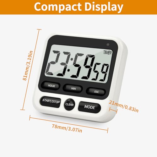 Nkove Digital Kitchen Timer 24 Hour with Clock, Countdown Count Up Timer | Silent/Loud Alarm Switch, Memory Function, Magnetic Feature, Large LCD Display, Portable Timer for Cooking, Baking & Study