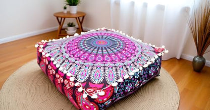 CK 40.6x40.6x12.7cm(16x16x5인치) 정사각형 바닥 쿠션 커버, 핑크 공작 만다라 푸프 커버, 면 오토만 베개 커버, 거실, 침실 및 요가용 보헤미안 장식 명상 바닥 베개 커버(커버만 해당) - color: 핑크, size: 16"D x 16"W x 5"H