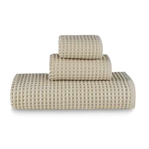 sea me at home Waffle Bath Sheet Set, 100% Turkish Cotton, Includes 1 Bath Sheet, 1 Hand Towel, 2 Face Towels - color: Beige, size: Bath Sheet Set (4 Pieces)