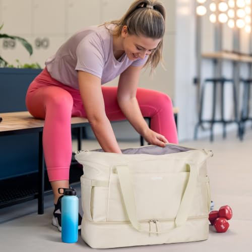 Gym Bag for Women, 45L Carry On Travel Duffel Bag with Shoes Compartment - color: Beige, size: Large