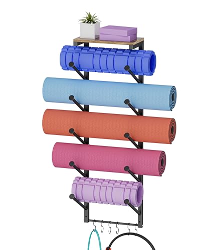5 Tiers Yoga Mat Holder Rack Wall Mount with 6 Hooks for Hanging Accessory Yoga Strap Foam Rollers Resistance Bands, Yoga Mats Organizer with Floating Shelf for Home Gym Storage Fitness - color: Black