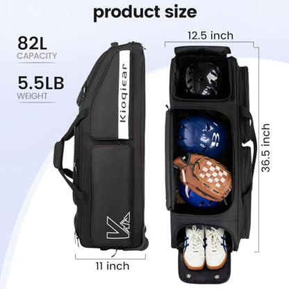 Catchers Gear Bag with Wheels for 4 Bats, 80L Rolling Baseball Bag - color: Black