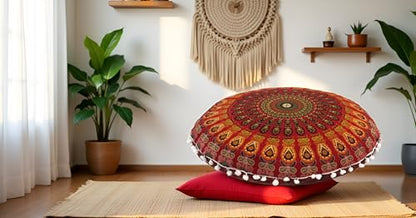 CRAFT KALA 32" Large Round Bohemian Floor Pillow Cover Boho Pouf Cover Mandala Meditation Room Pillows Cover Adults Seating Poufs Cushion Cover for Kids Reading Playroom Red Mirchi - color: Red Mirchi