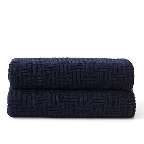 Longhui bedding Large 100% Cotton Navy Blue Cable Knit Throw Blanket for Couch Sofa Bed with Bonus Laundering Bag – 60 x 80 Inches, 3.4 LB, Dark Navy, Machine Washable - color: Navy Blue, Stripe Pattern, size: 60"x80"