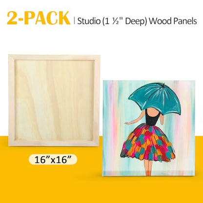 2 Pack 16x16'' Unfinished Gallery Birch Wood Canvas Panels | 1 1/2’’ Deep Cradle Boards for Painting, Acrylic Pouring, Art, Burning, Crafts, Epoxy Resin, Laser Engraving Cutting - size: 16*16 2 Pack