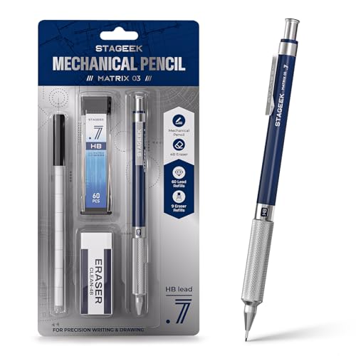STAGEEK 0.7mm Mechanical Pencil, Drawing Pencil, with Eraser, 60 HB Leads | Professional Metal Art & Drafting Pencil, for Artists, Students, School, Office, Writing, Sketching, Blue - color: Blue