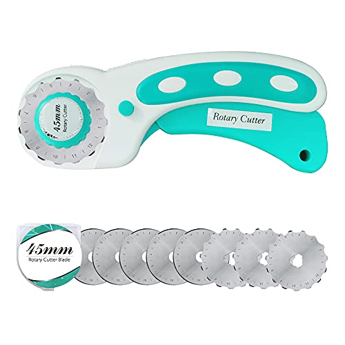 45mm Rotary Cutter with 9pcs Extra Rotary Blades, Ergonomic Rolling Cutter with Safety Lock for Fabric, Sewing, Quilting, Cloth, Paper, Leather, Crafting, Fabric Rotary Cutter (Cyan) - color: Cyan, size: 45mm