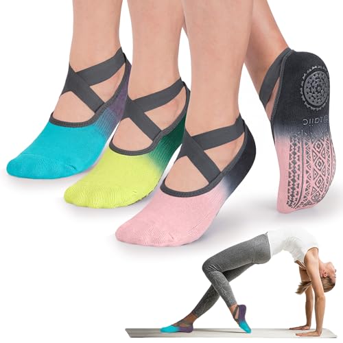 Ozaiic Pilates Socks for Women Non Slip Grip Yoga Barefoot Indoor Workout | Breathable cotton grippy sock, slipper sticky socks, one size fits women for barre, ballet, dance, hospital, home - color: 3 Pairs- Pink/Yellow/Blue