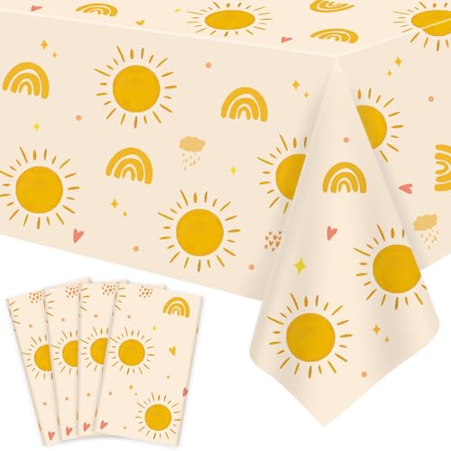 4 Pack Boho Sun Birthday Tablecloths - Boho Hippie Sunshine Table Covers Rainbow Groovy Tablecloths Retro Hippie Table Covers 60s 70s Boho Themed Groovy Party Decorations 51 X 86 IN - color: Boho Sun