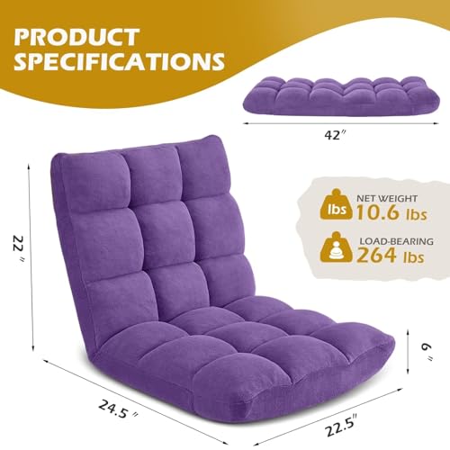 Folding Floor Gaming Chair, Adjustable 14-Position Backrest, 6-Inch Thick Flannel and Skin-Friendly Cotton Sponge, Breathable, Ideal for Gaming, Meditating, Sleeping, Purple - color: Purple