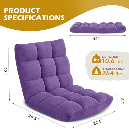 Folding Floor Gaming Chair, Adjustable 14-Position Backrest, 6-Inch Thick Flannel and Skin-Friendly Cotton Sponge, Breathable, Ideal for Gaming, Meditating, Sleeping, Purple - color: Purple