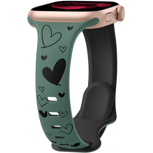 Lerobo Slim Thin Two-Tone Compatible with Apple Watch Band 40mm 38mm 41mm 42mm 44mm 45mm 46mm 49mm for Women- Soft Cute Flower/Heart Engraved Sport Band for iWatch Series 11 10 9 8 7 6 5 4 3 SE Ultra - color: B Pine Green/Black, size: 44mm/45mm/46mm/49mm/