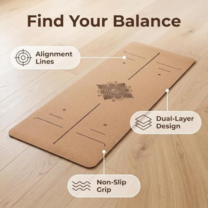 Cork Yoga Mat extra thick 6mm TPE Yoga Mat 72x24 Inch High Density Non-Slip Workout Mat Super Grip Quick-Dry for Hot Yoga, Home Gym