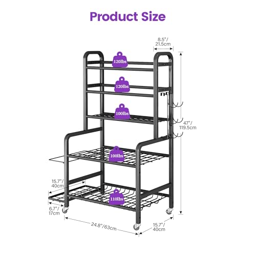 Homeiju Dumbbell Rack, Weight Rack for Home Gym, Yoga Mat Storage Holder with Lockable Wheels, Dumbbell Stand with Hooks, All in One Work out Equipment Storage for Yoga Mat Dumbbell and Balls - size: 5-Tier