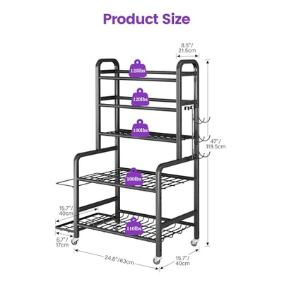 Homeiju Dumbbell Rack, Weight Rack for Home Gym, Yoga Mat Storage Holder with Lockable Wheels, Dumbbell Stand with Hooks, All in One Work out Equipment Storage for Yoga Mat Dumbbell and Balls - size: 5-Tier