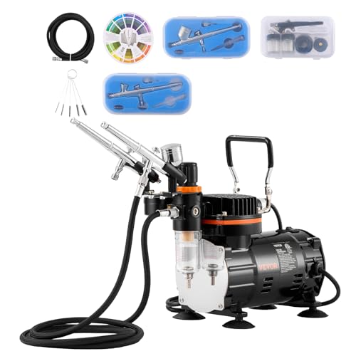 VEVOR Airbrush Kit, Professional Airbrush Set with 1/5 HP Compressor & 3 Airbrushes, Airbrushing System Kit with Multi-Purpose Dual-Action Gravity Feed Airbrushes, Art Nail Cookie Tatto - color: 3 Airbrushes Set