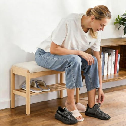 Oak Wood Shoe Bench, 24 Inch Entryway Bench with Light Gray Cushion - color: Natural + Light Gray Cushion, size: 23.62"