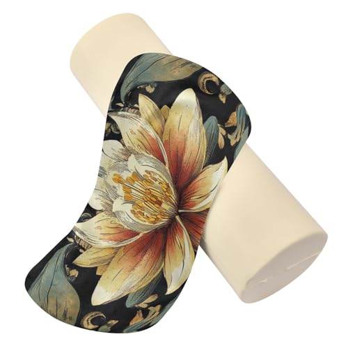 Boho Water Lily Flower Black Neck Roll Pillow Bolster Round Health Memory Foam Long Cervical Cylinder Pillows with Removable Washable Cover for Body Bed Legs Back Yoga - color: Boho Water Lily Flower Black
