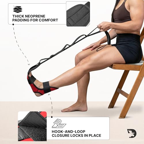 DMoose Fitness Foot & Calf Stretcher with Adjustable Padded Stretching Strap for Plantar Fasciitis, Hamstring, Heel Spurs and Achilles Tendonitis Relief - Yoga Leg Stretch Strap for Flexibility - color: Red