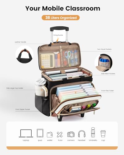 LOVEVOOK Rolling Teacher Bag, Laptop Tote with Detachable Dolly | Fits 17.3 Inch Laptop, Detachable Dolly, Large Rolling Tote Bag for Teacher Office Work Nurse, Adjustable Handle - color: Black-beige-brown