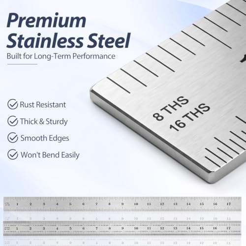 EBOOT 2 Pcs Stainless Steel Ruler Machinist Engineer Ruler with Markings 1/8, 1/16, 1/32, 1/64 Inch for Engineering, School, Office, Architect, and Drawing (18 Inch) - size: 18 Inch