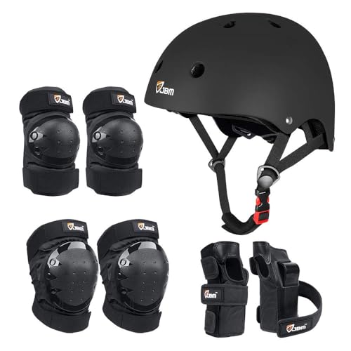 JBM Adult & Kid Skating Protective Gear Set for Beginner to Advanced, Skateboard Helmet Knee and Elbow Pads with Wrist Guards for Inline Roller Skating, Scooter, Skateboarding - color: Black, size: Medium (8-14 years)