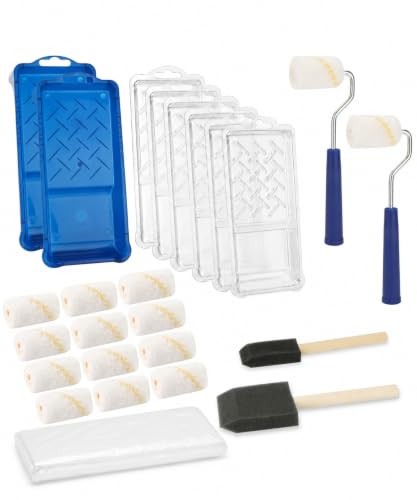 Bates- Paint Roller Kit, 25 pcs, Small Paint Roller Set with 2" Microfiber Sleeves & Frames, Trays with Liners and Foam Brushes for Small Touch Ups, Wall, Cabinet, House Painting Supplies