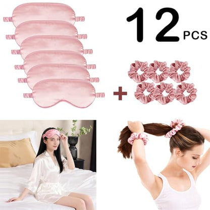 12Pcs Silk Sleep Masks Satin Eye Mask Silky Eyes Cover Blindfold Eyeshade Hair Ties Scrunchy Travel Bridesmaids Gifts - color: Pale Rose