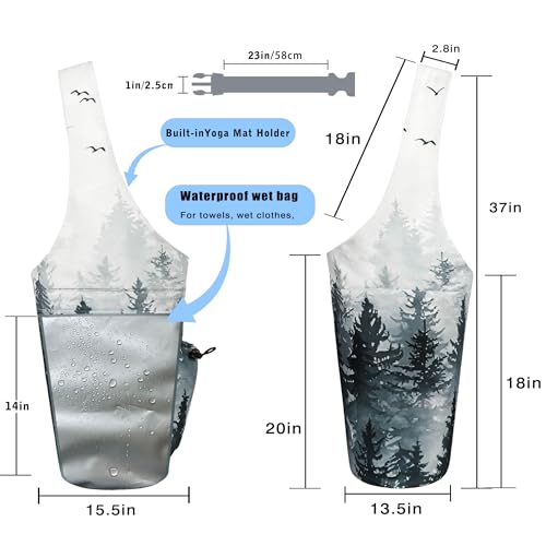 Yoga Mat Bag - Large Opening Long Tote Yoga Mat Carrier Holder Bag with Waterproof Wet Zipper Pocket and Drawstring Water Bottle Pocket - Yoga Bag Fit Most Size Mats - color: Cloud Forest