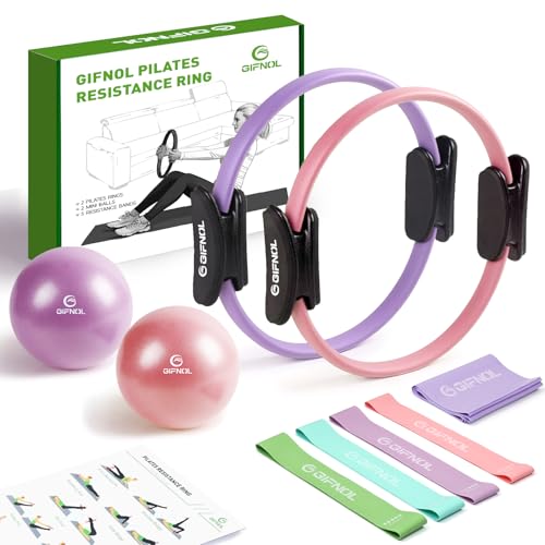 Pilates Ring and Ball Set with Resistance Bands - Pilates Equipment for Home Workout - 14'' & 12'' Pilates Rings, 2 Pilates Balls, 5 Resistance Bands for Toning Arms, Thighs/Legs & Core - color: Purple & Pink