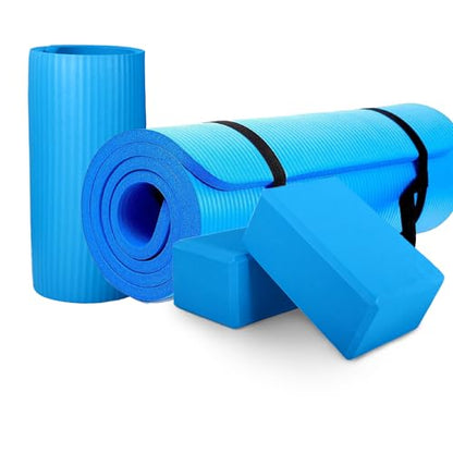 BalanceFrom 71x24 Inches Yoga Mat with Knee Pad and Optional Blocks – Extra 1-Inch Thick Non-Slip Foam with Anti-Tear Surface and Carrying Strap for Home, Studio, or Gym Workouts - color: Blue, style: Mat & Knee Pad & Yoga Blocks