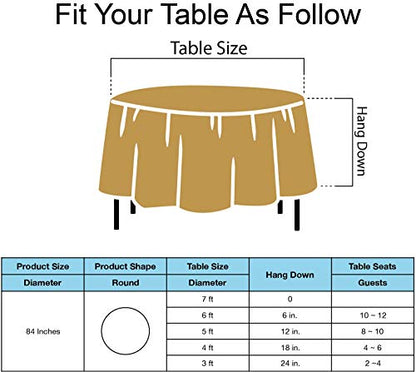 Gold Plastic Tablecloths 2 Pack Disposable Table Covers 84 Inch Circle Bridal Shower Party Tablecovers PEVA Vinyl Table Cloths for BBQ Picnic Birthday Wedding Banquet Parties 6 ft Round Table Use - color: D04 Gold