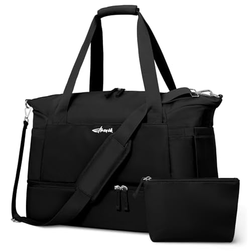 Gym Bag for Women, 45L Carry On Travel Duffel Bag with Shoes Compartment - color: Black, size: Large