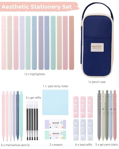 SKYDUE Cute School Supplies Kit, 38 PCS Aesthetic Stationery Set with Large Pencil Case, Pens, Mechanical Pencils, Highlighters & Sticky Notes for School, College - color: Blue