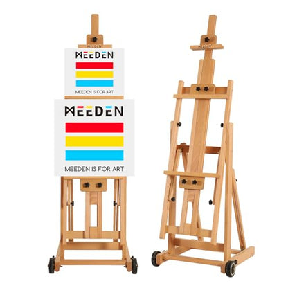 MEEDEN Versatile Studio H-Frame Easel - All Media Adjustable Beech Wood Studio Easel, Painting Floor Easel Stand, Movable and Tilting Flat Available, Holds Canvas Art up to 77" - style: Natural