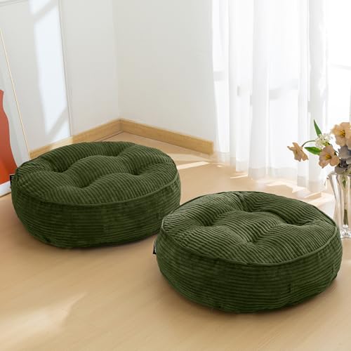 HIGOGOGO 6" Extra Thick Floor Pillow Cushion for Adults, Meditation Cushion Pillow, Large Round Floor Sitting, Tufted Corduroy Cover, for Tatami Living Room or Yoga, 22x22 Inch, 2Pack, Dark Green - color: Round Dark Green, size: 6" Thick(Pack of 2)