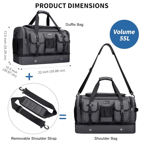 WITZMAN Duffle Bag for Men 55L Nylon Travel Weekender with Shoe Compartment - color: Silvery Grey