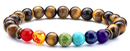 Men Women 8mm Lava Rock 7 Chakra Beads Chakra Bracelet - color: Tiger Eye