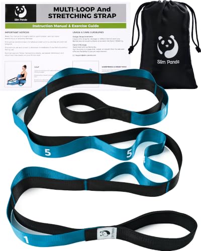 Slim Panda Stretching Strap with Loops - Non-Elastic Heavy Duty Nylon Yoga & PT - Oversized Multi-Loop Home Rehab - Hamstring Shoulder Pilates Flexibility - color: Blue