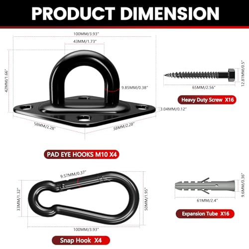 sprookber 304 Stainless Steel Pad Eye Snap Hook,M10 Ceiling Hook 1700Lb,8Pc | Hanging Kit with Screws for Hammock Chair Swing, Yoga Gym Equipment, Sun Shade Sail, Plant Hangers & Marine Boat Hardware - size: 4 Inch, style: Black Rhombus